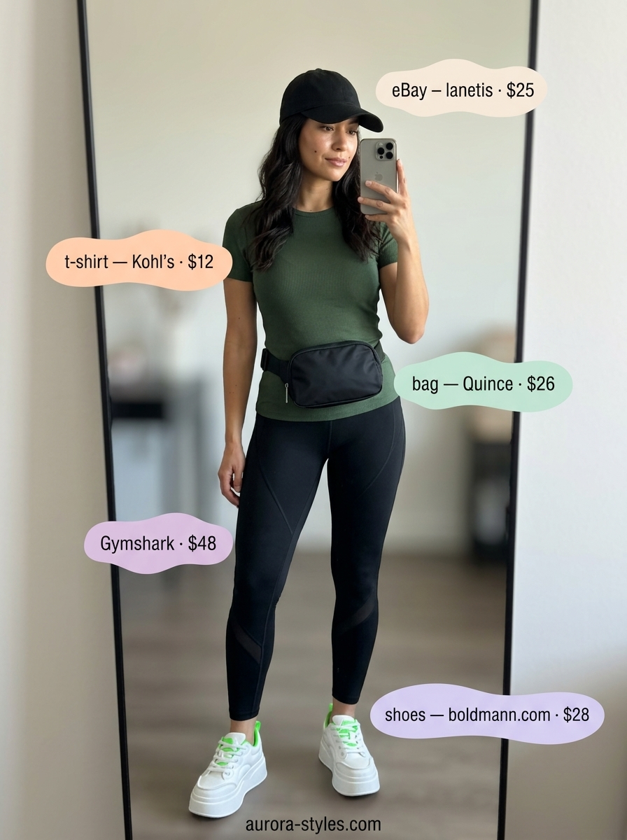 Casual summer t-shirt outfit for women 2026: Emerald tee, black leggings, athletic sneakers. Sporty athleisure.