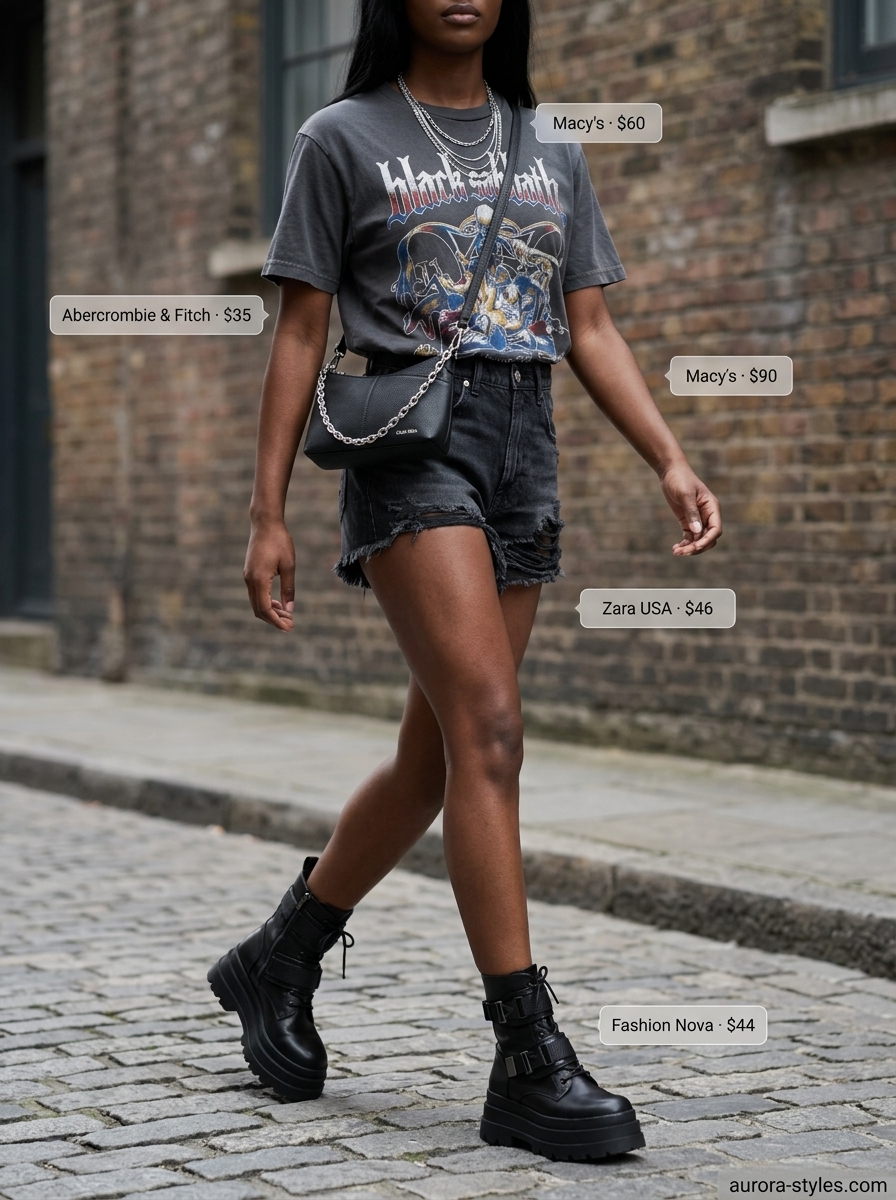 Graphic band t-shirt outfit for women 2026: Black shorts, combat boots, layered necklaces for city stroll.