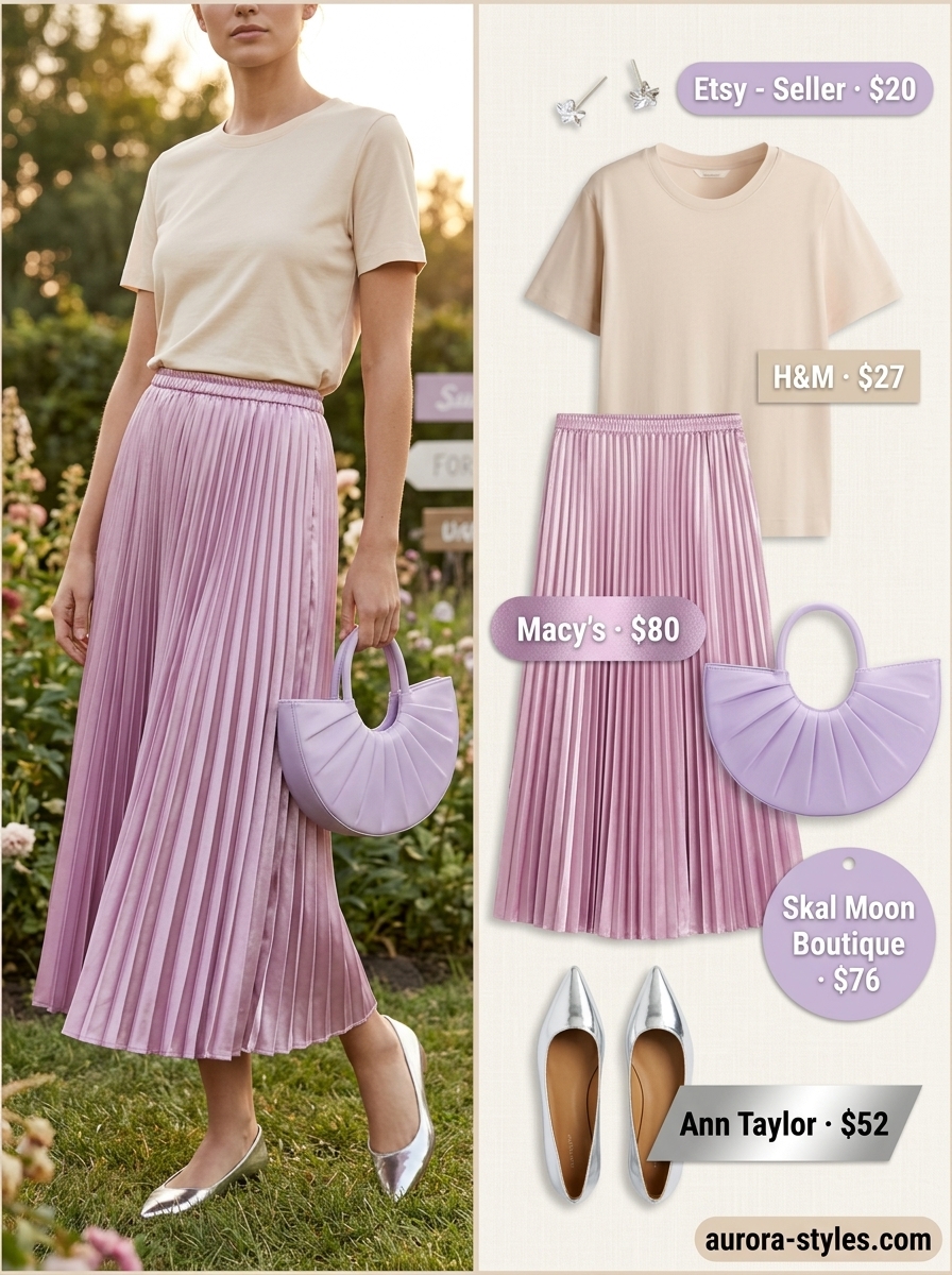 Lavender midi skirt outfit for women 2026: Cream v-neck t-shirt, lavender skirt, silver flats for afternoon tea.