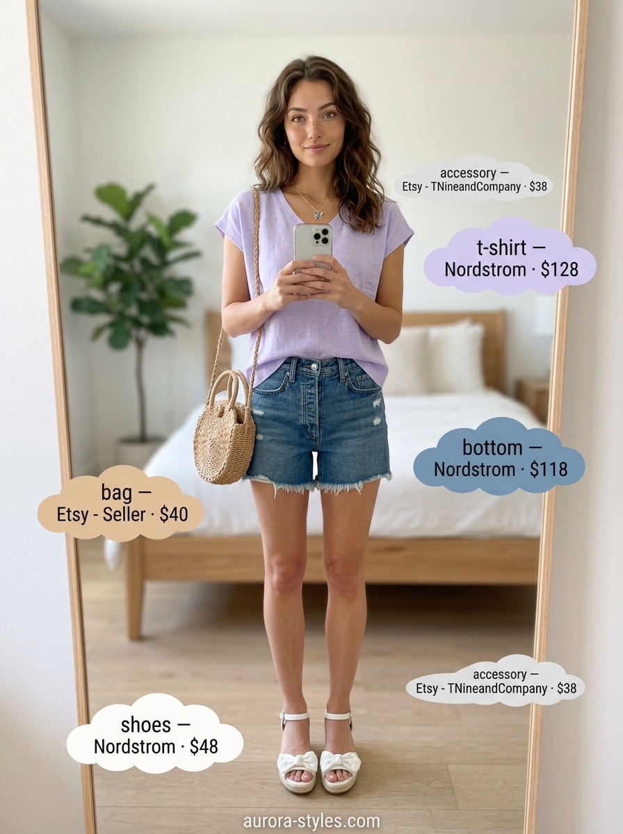 Casual summer t-shirt outfit for women 2026: Lavender tee, denim shorts, straw bag. Romantic day out look.
