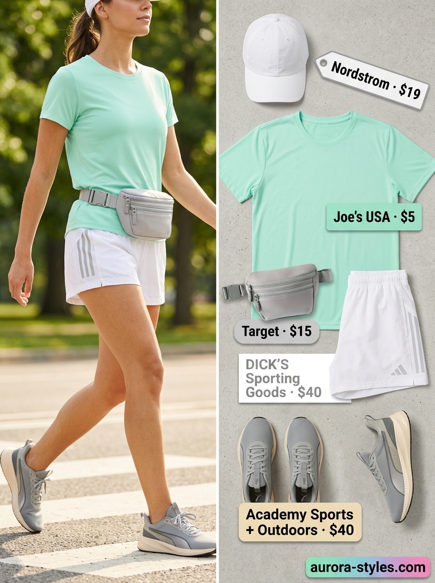 Mint green t-shirt outfit for women 2026: White shorts, grey belt bag, white cap for park walks.