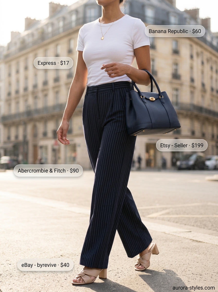Navy wide-leg trousers outfit for women 2026: Cream t-shirt, gold necklace, navy trousers for lunch.