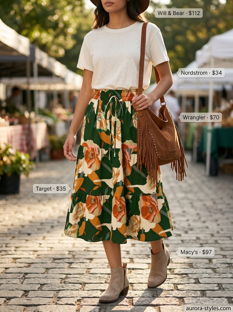 Olive green tiered skirt outfit for women 2026: Cream t-shirt, suede boots, felt hat for festival.