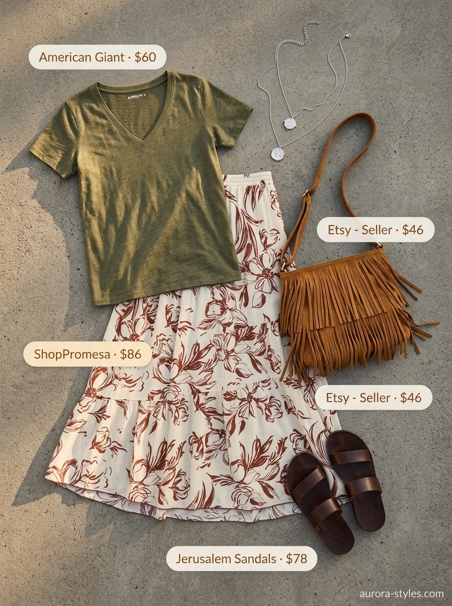 Casual summer t-shirt outfit for women 2026: Olive tee, floral maxi skirt, leather sandals. Desert boho style.