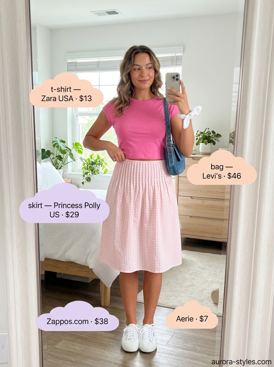Casual summer t-shirt outfit for women 2026: Pink tee, gingham skirt, white sneakers. Preppy picnic style.