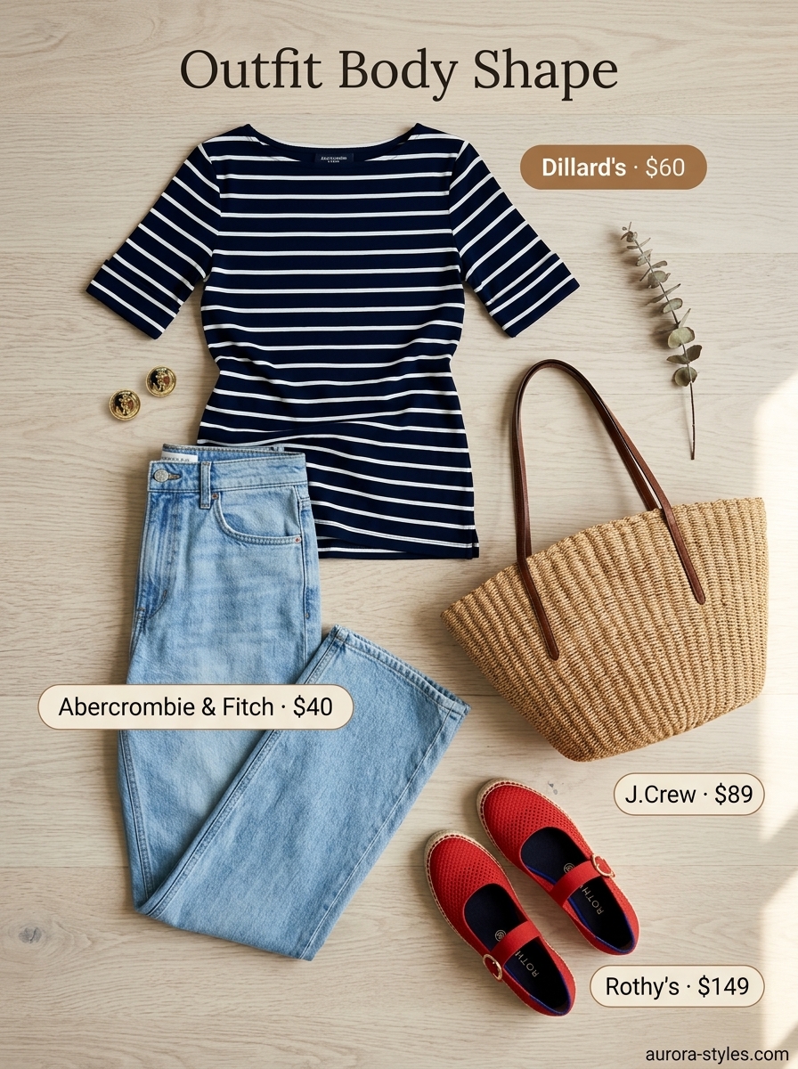 Casual summer t-shirt outfit for women 2026: Striped tee, white jeans, straw tote. Nautical vacation style.