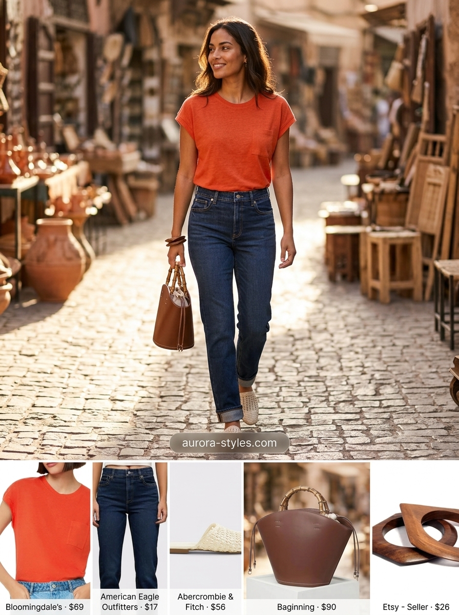 Casual summer t-shirt outfit for women 2026: Terracotta tee, dark wash jeans, leather mules. Artisanal market style.