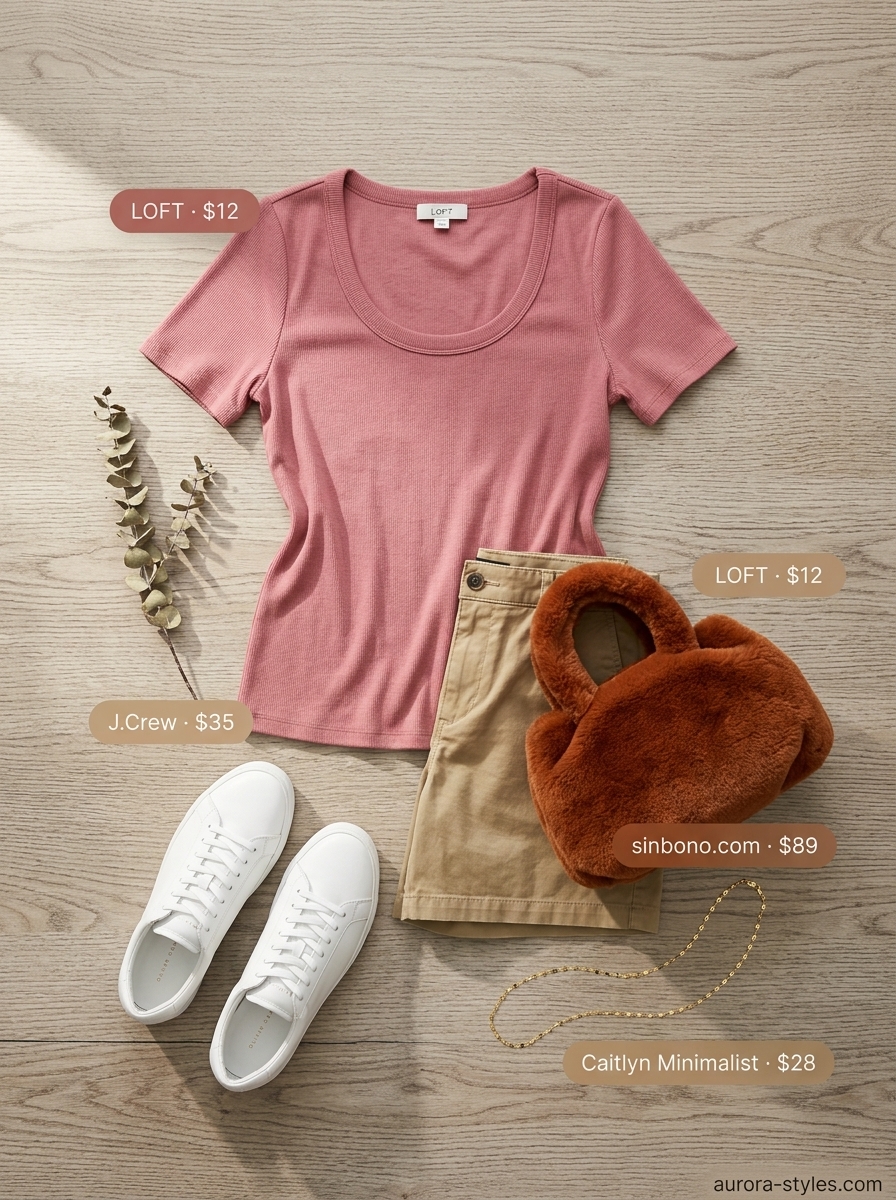 Casual summer t-shirt outfit for women 2026: White tee, khaki shorts, tan bag, gold necklace. Perfect for brunch.