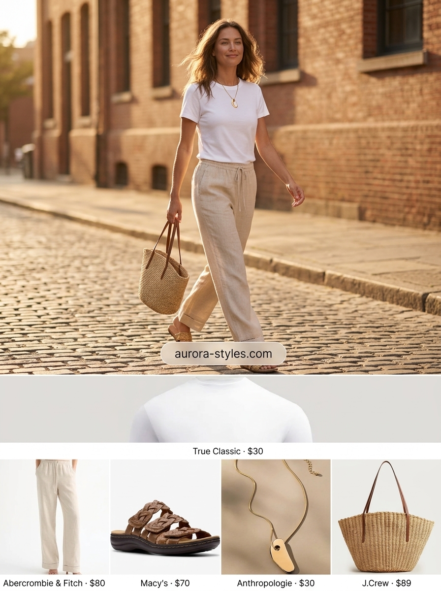 Casual summer t-shirt outfit for women 2026: White tee, linen pants, straw tote. Coastal brunch style.