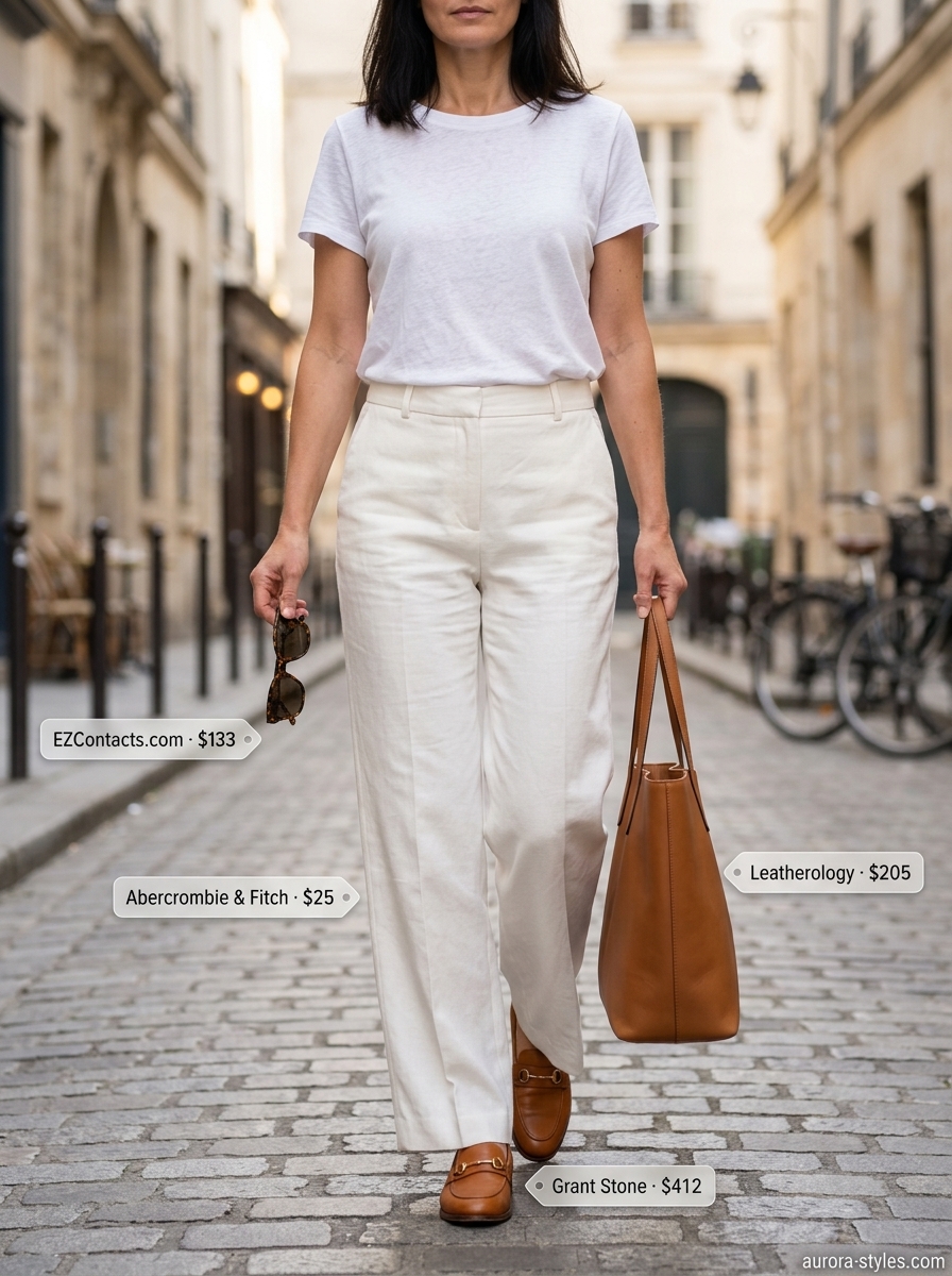 Chic summer outfit for women over 40 2026: Cobalt blue shirt, white wide-leg pants, tan loafers & tote.