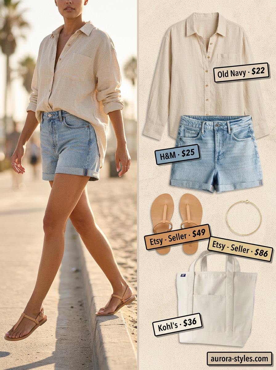 Chic summer outfit for women over 40 2026: Denim shorts, oversized linen shirt, canvas tote, leather sandals for beach.