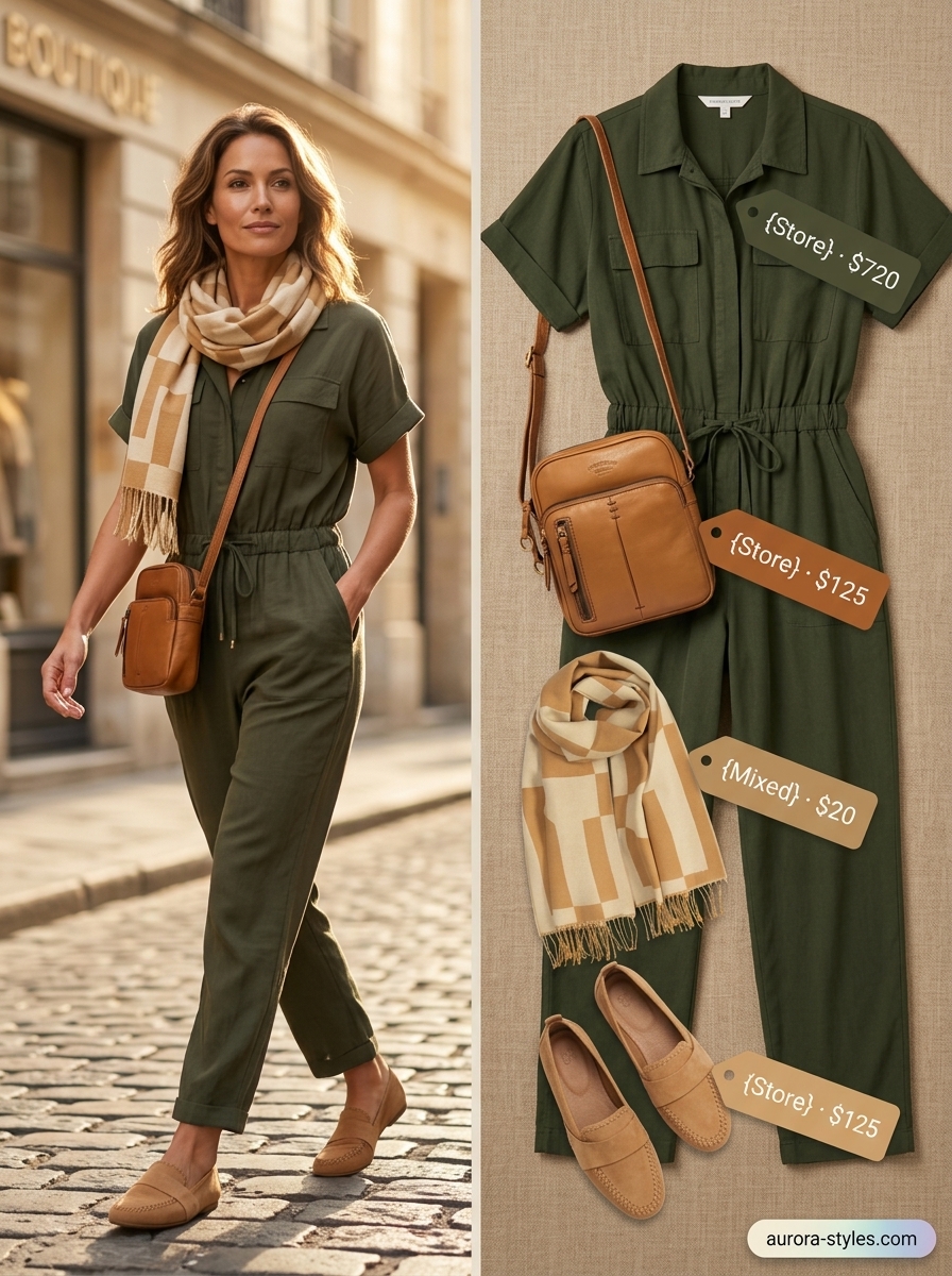 Chic summer outfit for women over 40 2026: Khaki utility jumpsuit, tan crossbody, suede loafers, patterned scarf for travel.
