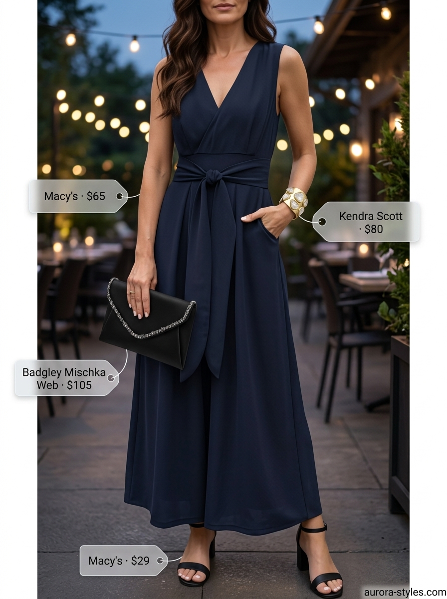 Chic summer outfit for women over 40 2026: Navy jumpsuit, black heels, gold cuff & clutch.