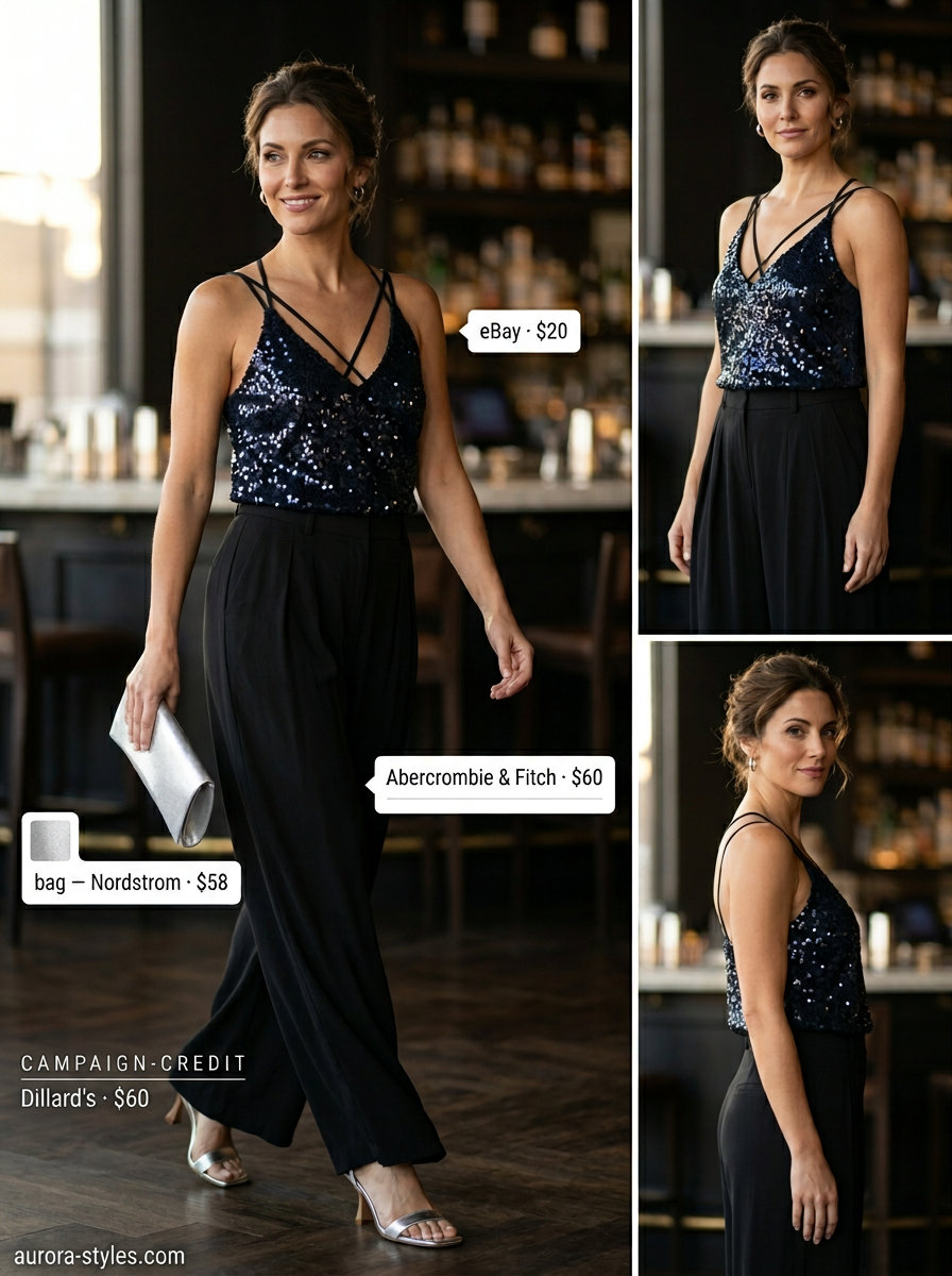 Chic summer outfit for women over 40 2026: Black wide-leg pants, navy sequin cami, silver sandals & clutch for evening.
