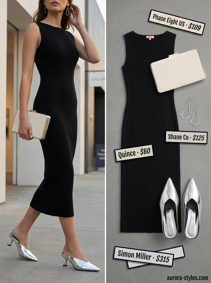 Chic summer outfit for women over 40 2026: Black knit midi dress, metallic mules, silver earrings & clutch.