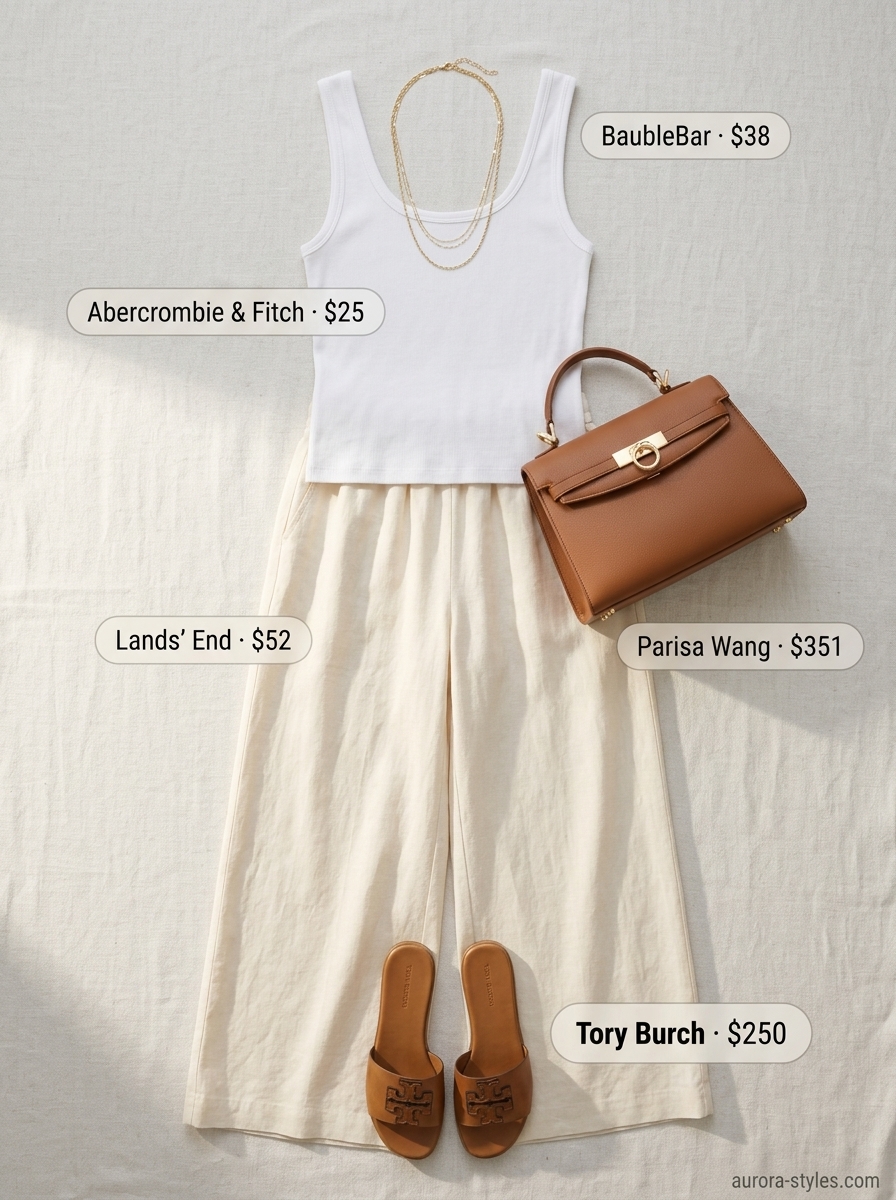 Chic summer outfit for women over 40 2026: Beige linen pants, cream tank, leather slides & gold necklaces.
