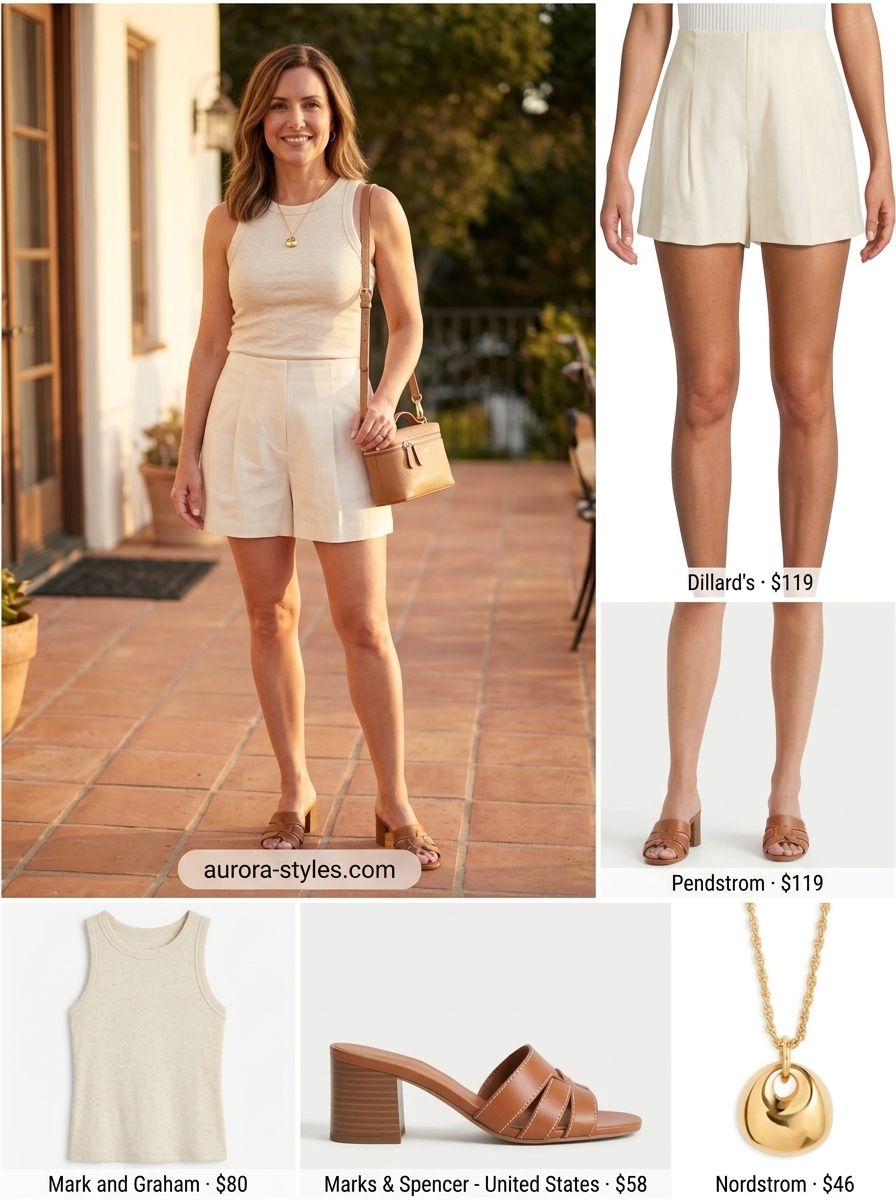Chic summer outfit for women over 40 2026: Cream linen shorts, tank, leather mules & crossbody bag.