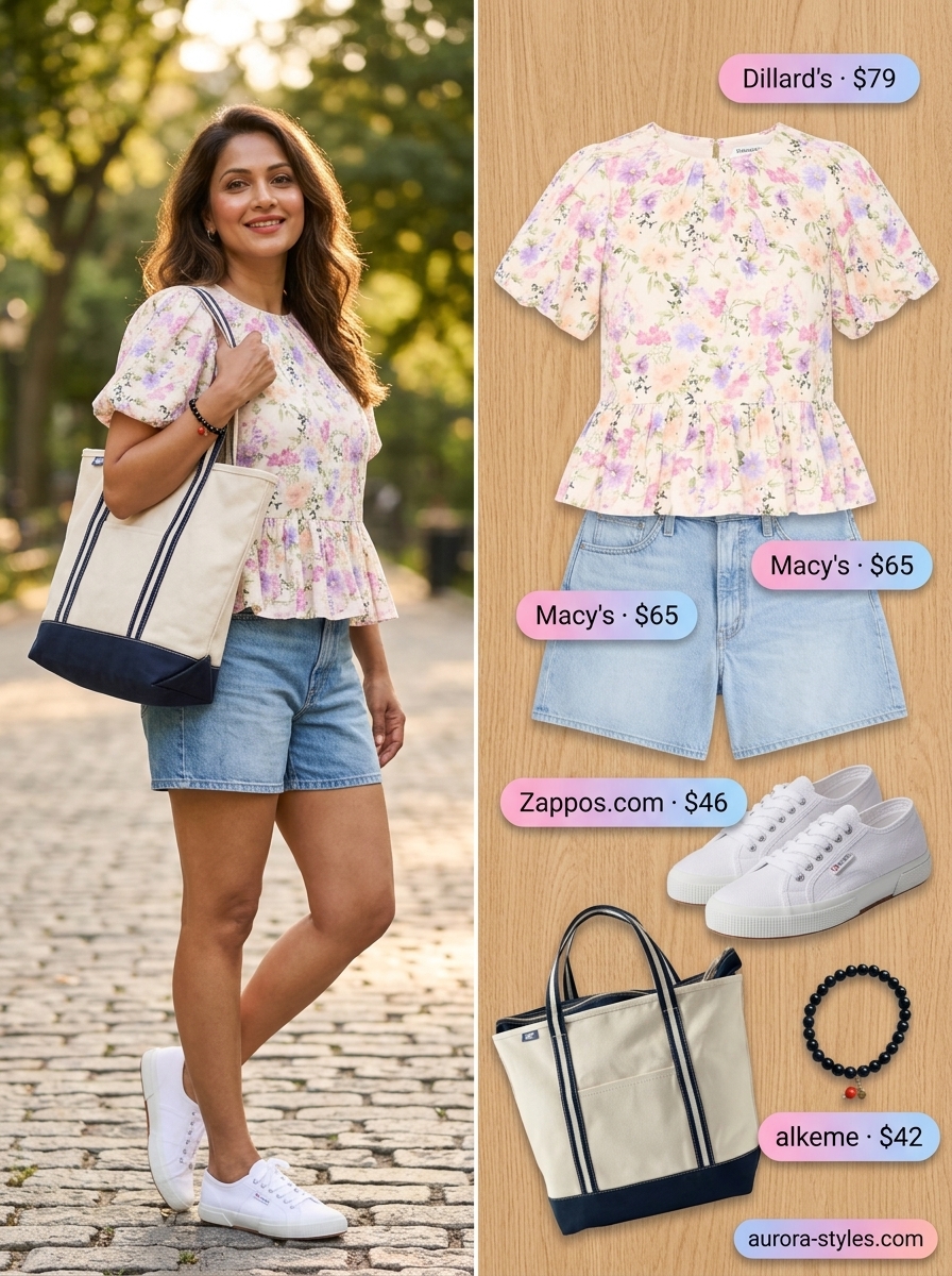 Chic summer outfit for women over 40 2026: Denim shorts, floral puff-sleeve blouse, canvas tote, sneakers for market.