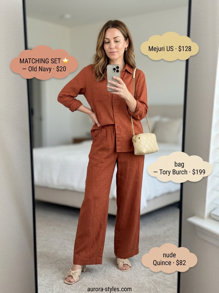 Chic summer outfit for women over 40 2026: Terracotta linen set, cream mules, gold hoops, cream crossbody for vacation.