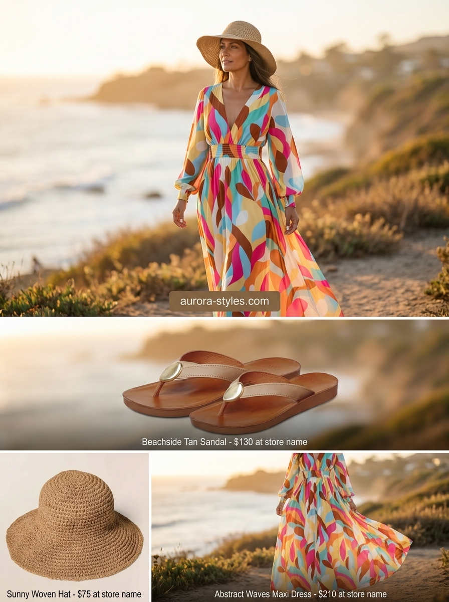 Chic summer outfit for women over 40 2026: Multi-color maxi dress, straw hat, tote & flat sandals.