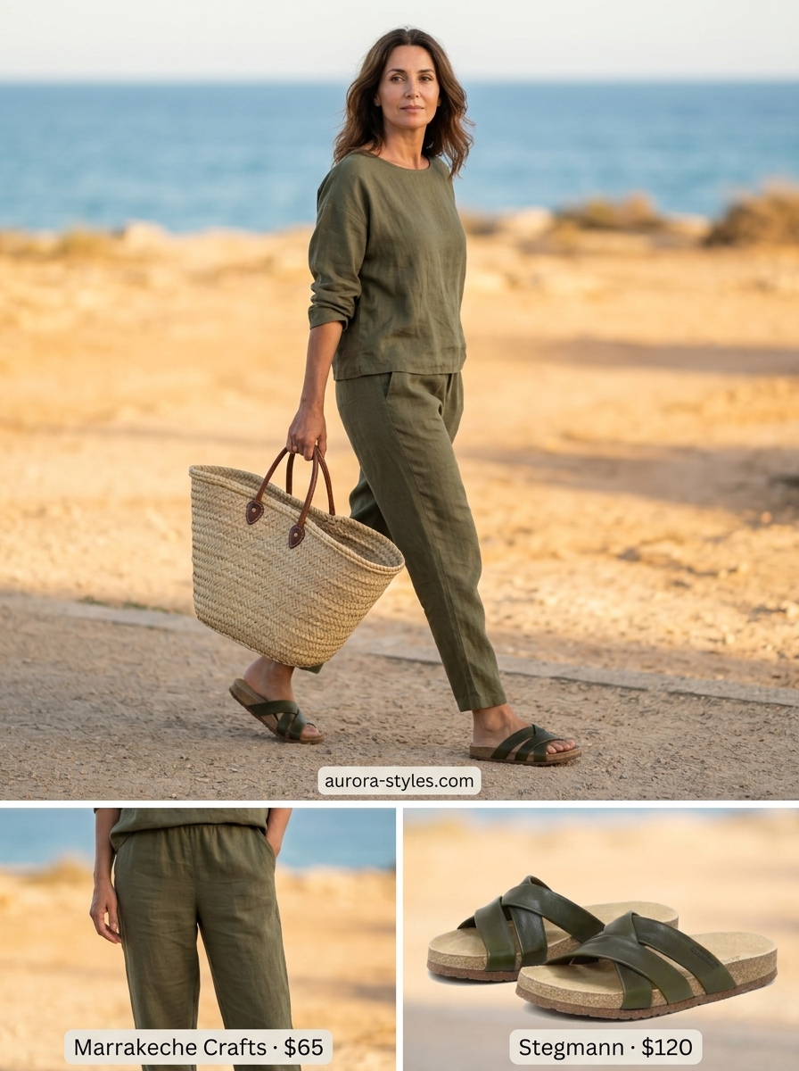 Chic summer outfit for women over 40 2026: Cream linen set, olive slides, raffia tote, gold necklaces for brunch.