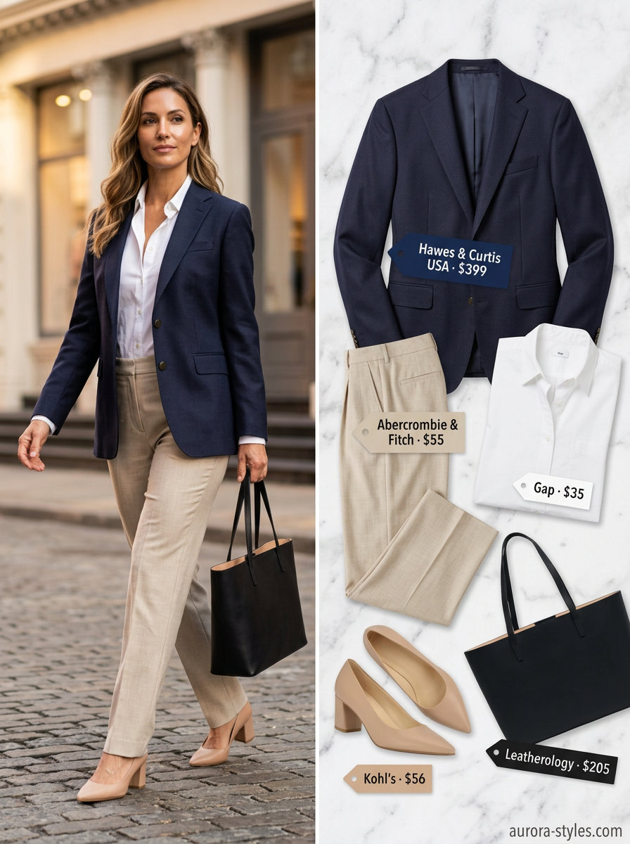 Chic summer outfit for women over 40 2026: Navy blazer, white shirt, beige trousers, black tote, nude pumps for work.