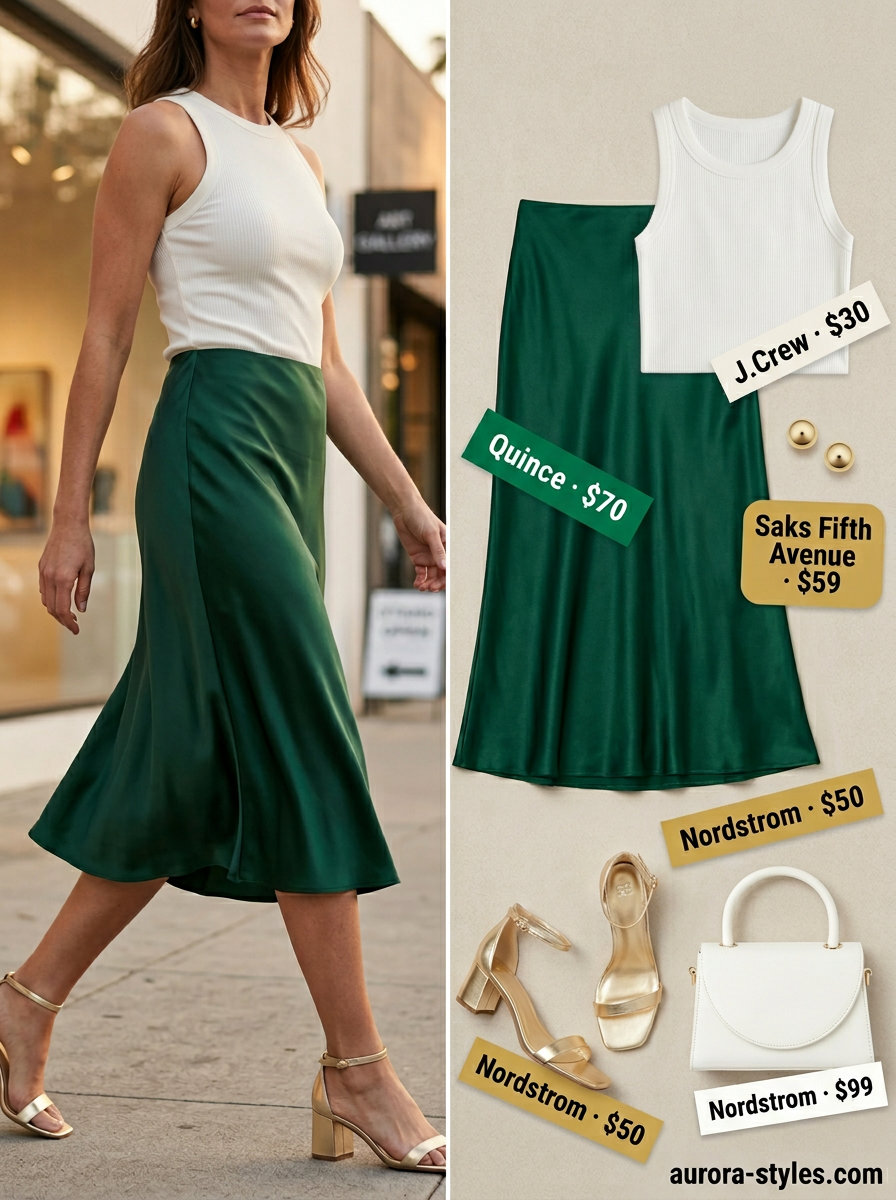 Chic summer outfit for women over 40 2026: Emerald green midi skirt, ivory knit top, gold sandals.