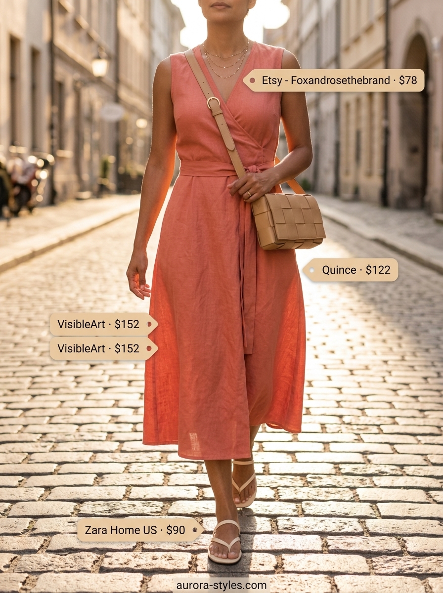 Chic summer outfit for women over 40 2026: Coral linen midi dress, tan crossbody, gold necklaces, beige flat sandals.