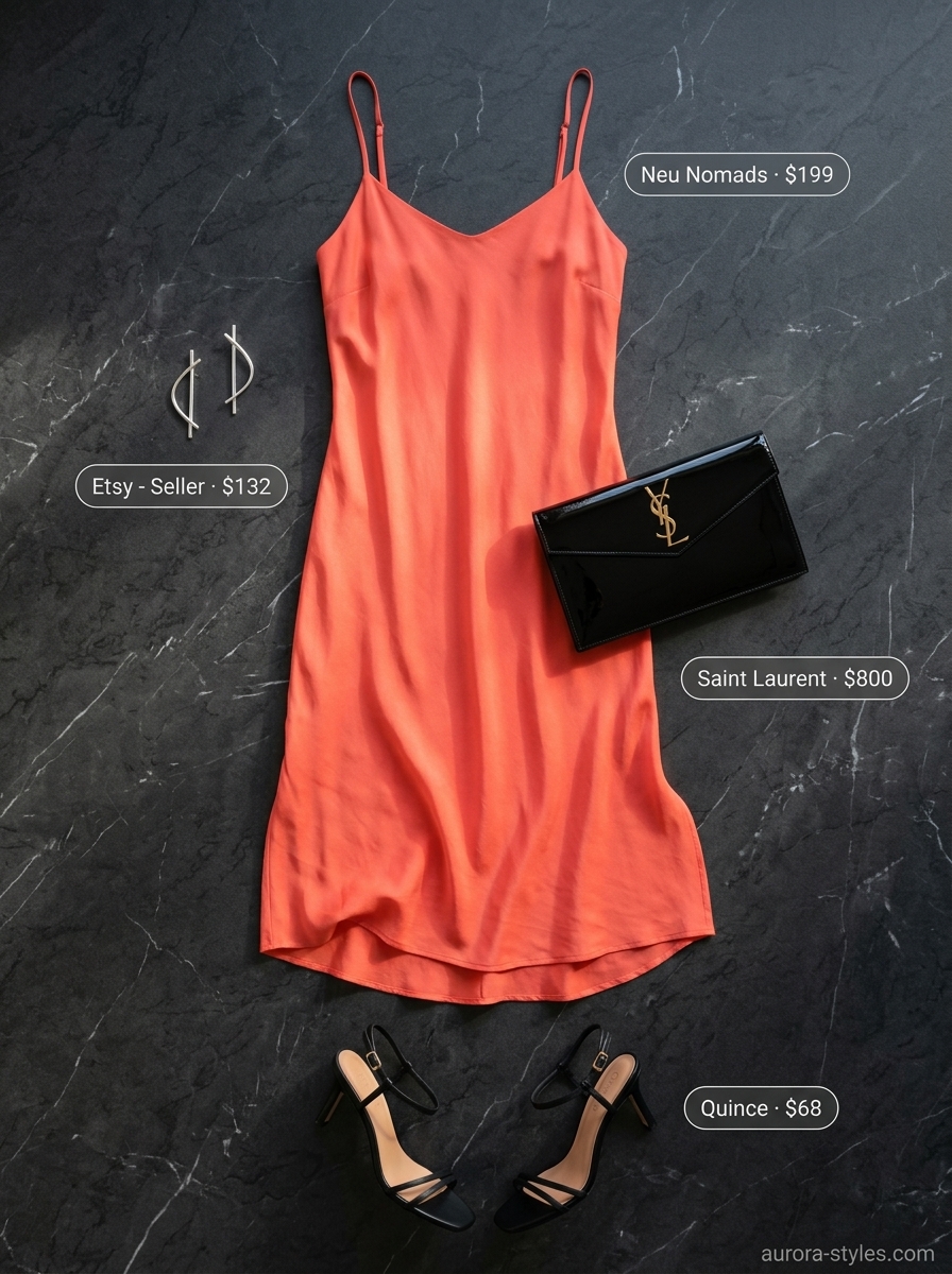 Chic summer outfit for women over 40 2026: Coral slip dress, black heels, silver earrings & clutch.