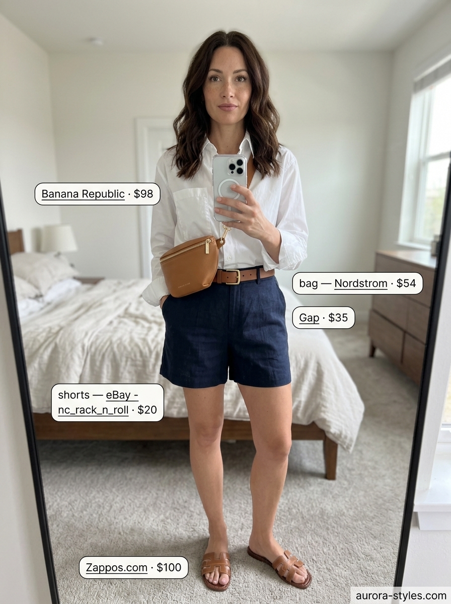 Chic summer outfit for women over 40 2026: White oversized shirt, navy linen shorts, tan belt & sandals for resort.