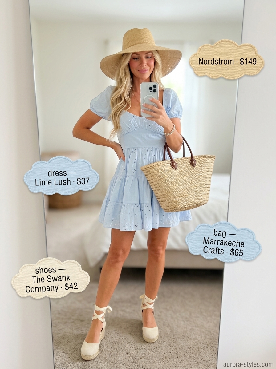 Chic summer outfit for women over 40 2026: Powder blue mini dress, straw hat, espadrilles for beach.