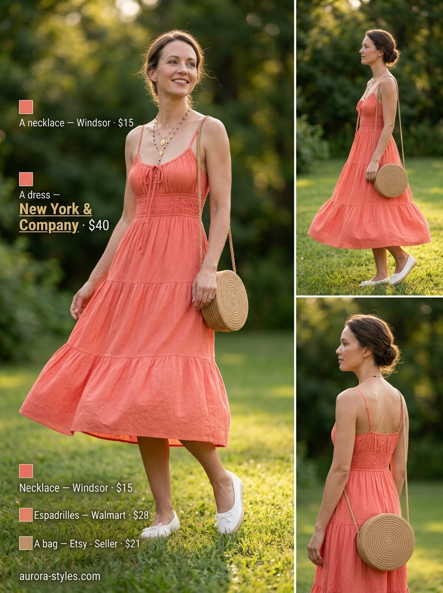 Chic summer outfit for women over 40 2026: Coral sundress, white espadrilles, straw bag for casual day.