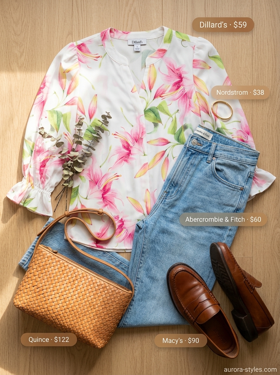 Chic summer outfit for women over 40 2026: Denim jeans, floral blouse, loafers for casual weekend.