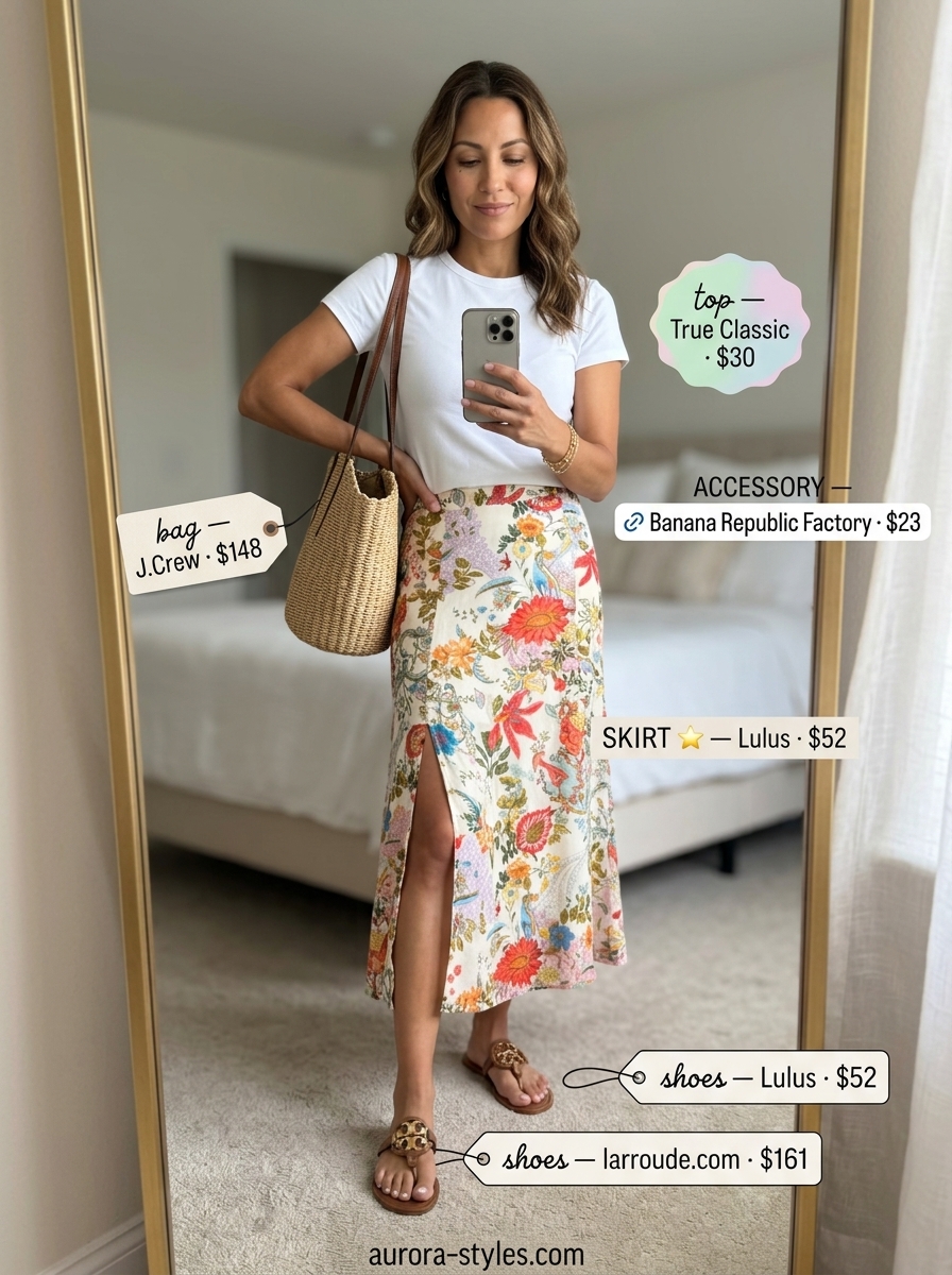 Chic summer outfit for women over 40 2026: Floral midi skirt, white tee, flat sandals for day out.