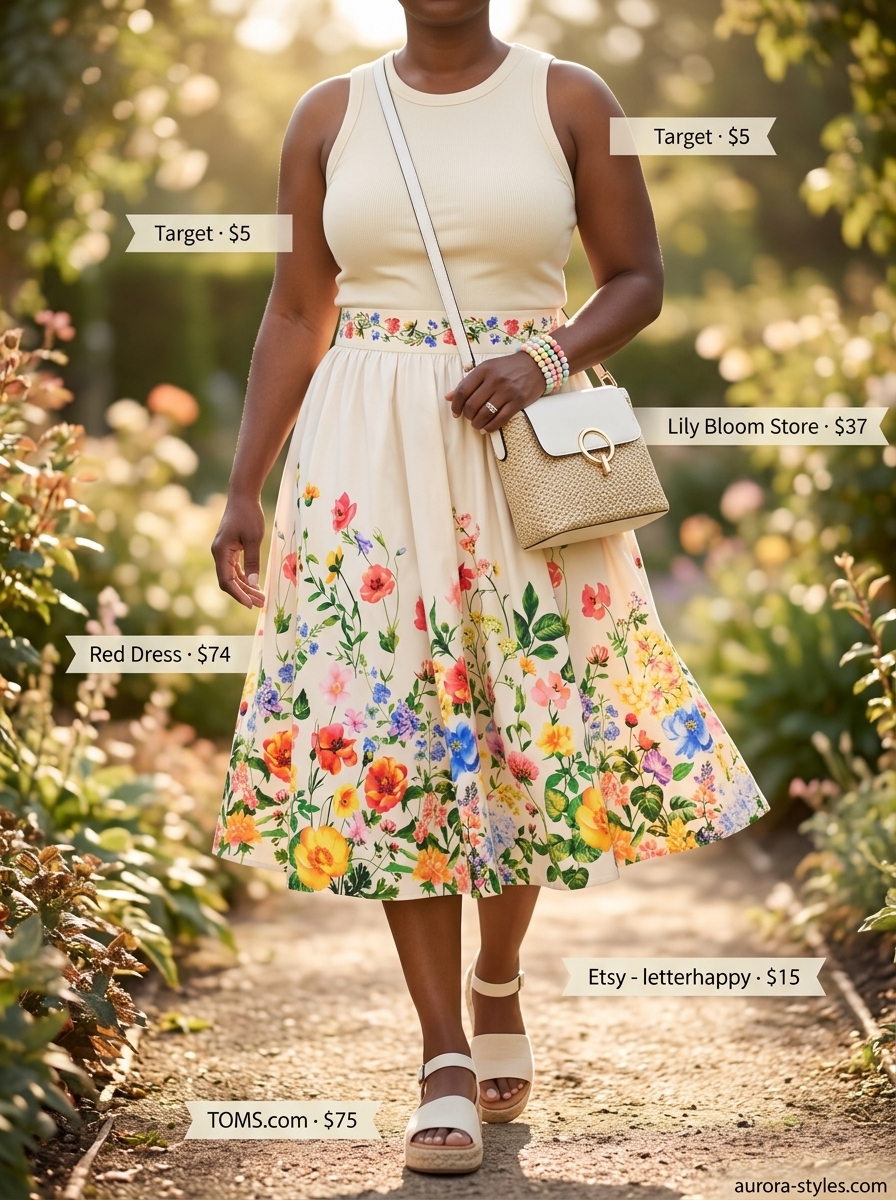 Chic summer outfit for women over 40 2026: Floral midi skirt, cream tank, espadrilles for brunch.
