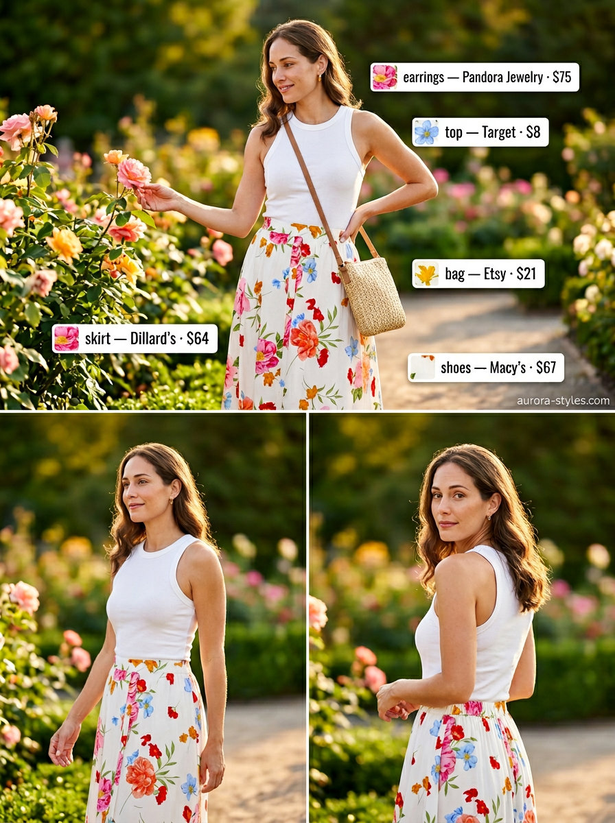 Chic summer outfit for women over 40 2026: Floral midi skirt, white tank, espadrilles for garden party.