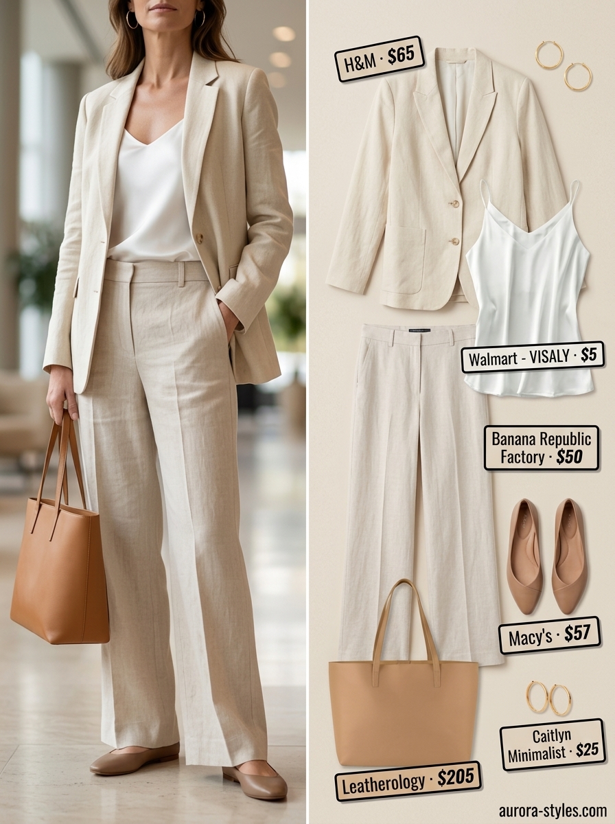 Chic summer outfit for women over 40 2026: Beige linen blazer, white cami, trousers for office.