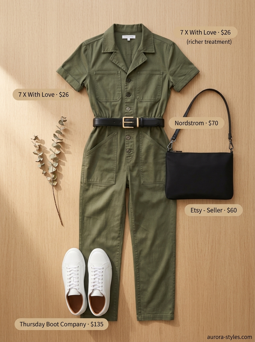Chic summer outfit for women over 40 2026: Olive utility jumpsuit, white sneakers, black belt for casual day.