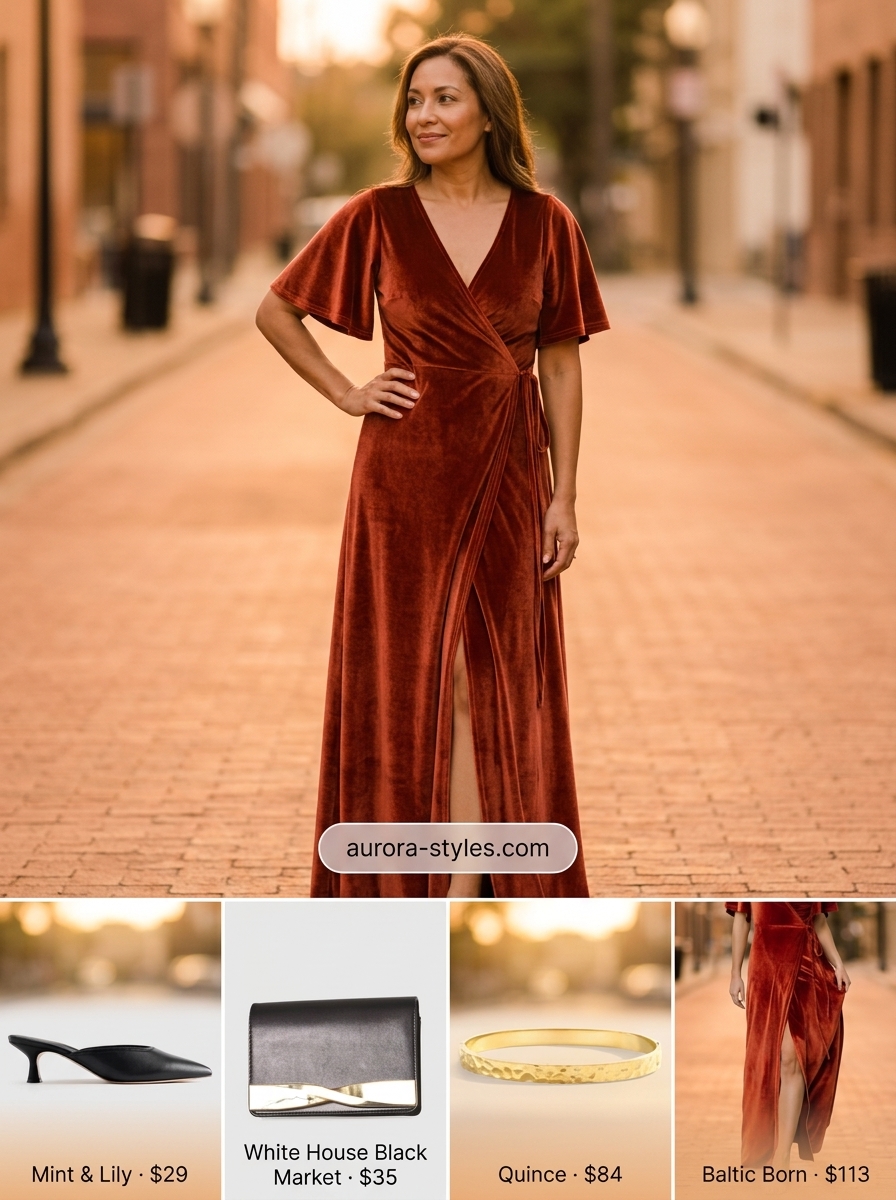 Chic summer outfit for women over 40 2026: Terracotta midi dress, black heels, gold jewelry for a dinner date.