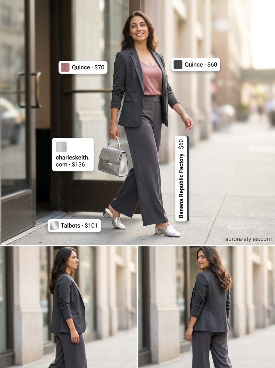 Boardroom to Bar outfit: Charcoal grey trousers, dusty rose camisole, grey blazer, mules. Classy summer outfits for women 2026.