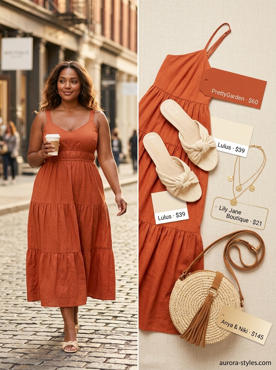 Bohemian Luxe Retreat outfit: Terracotta maxi dress, straw hat, woven sandals, crossbody bag. Classy summer outfits for women 2026.