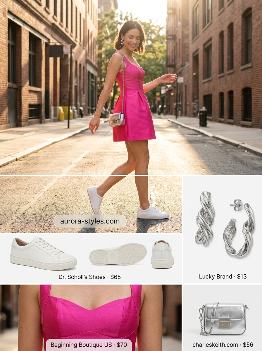 Classy summer outfits for women 2026: Hot pink dress, white sneakers, silver hoops for chic city brunch.