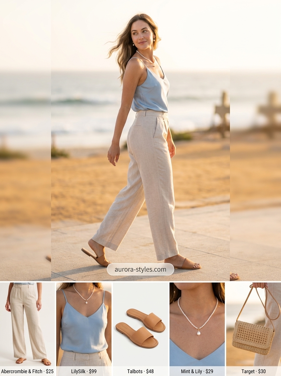 Coastal Linen Dream outfit: Cream wide-leg pants, pale blue camisole, straw bag, tan sandals. Classy summer outfits for women 2026.