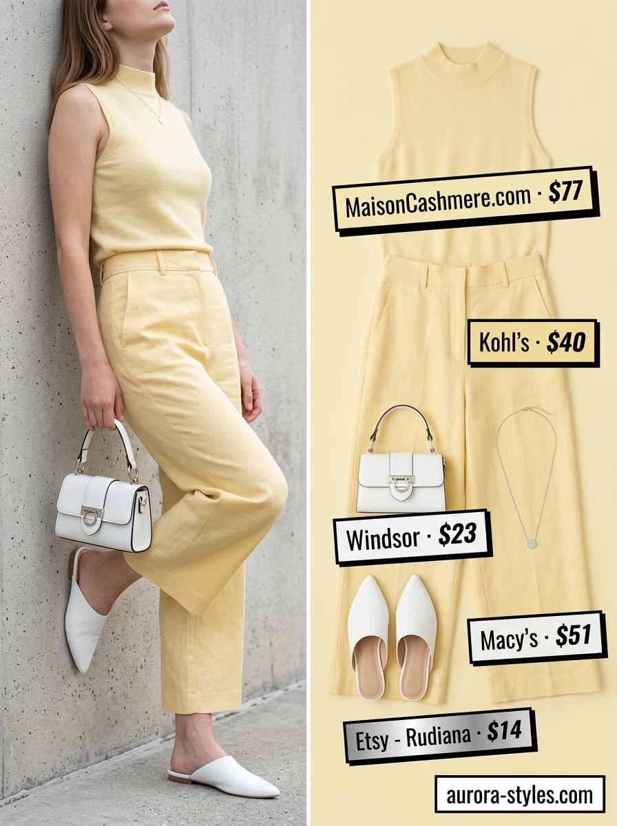 Elevated Brunch outfit: Pale yellow wide-leg pants, grey knit tank, white mules & top-handle bag. Classy summer outfits for women 2026.