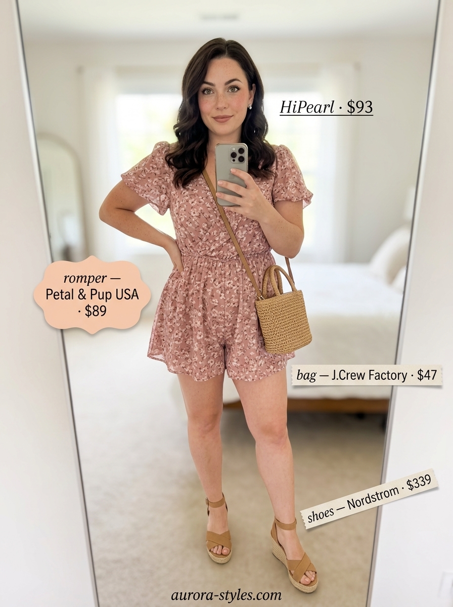 Classy summer outfits for women 2026: Dusty rose floral romper, espadrilles, and raffia bag for garden party.