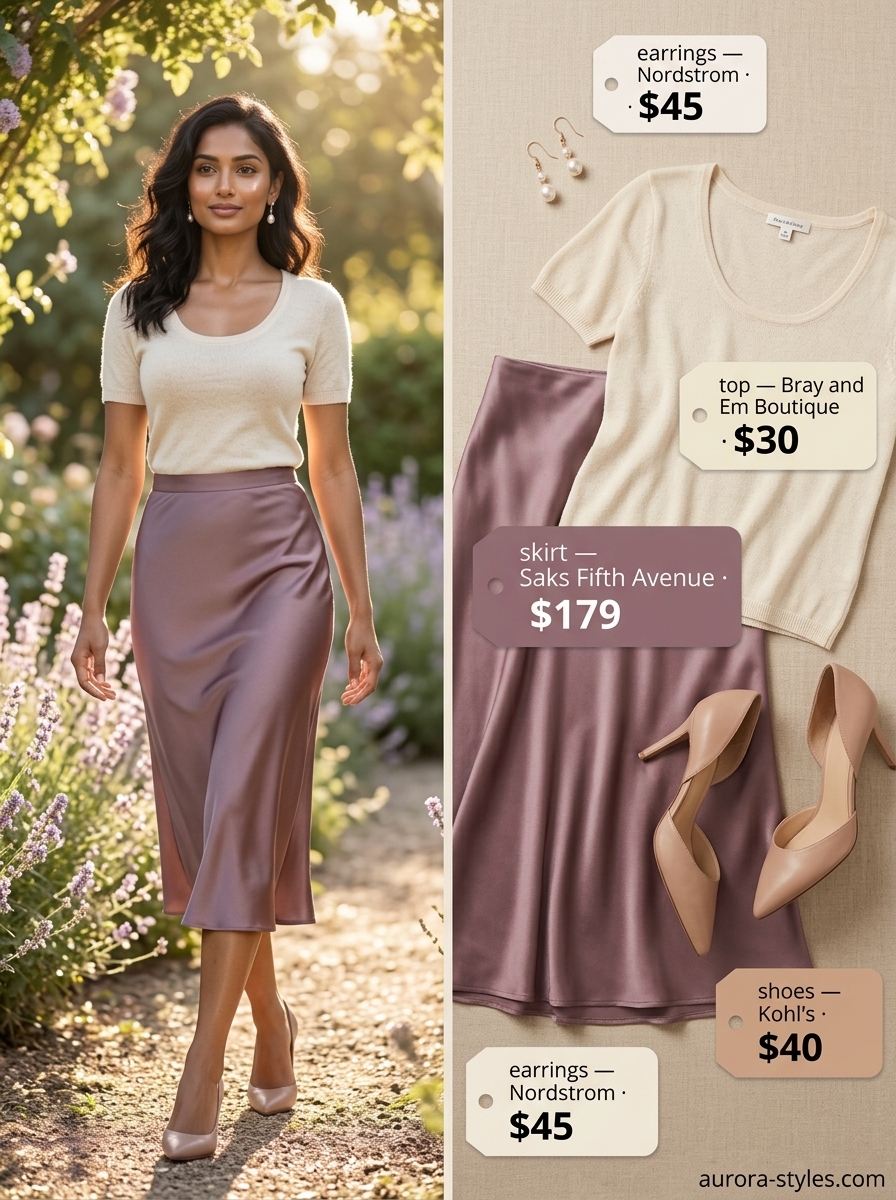 Garden Party Serenity outfit: Lavender silk skirt, cream knit top, pearl earrings, nude flats. Classy summer outfits for women 2026.