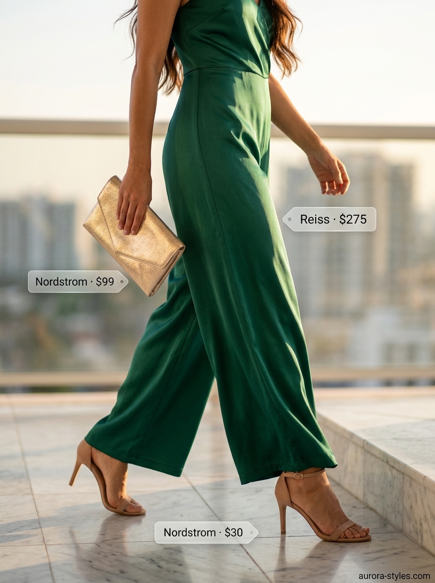 Classy summer outfits for women 2026: Emerald green satin jumpsuit, gold earrings, block heels, and clutch for garden party.