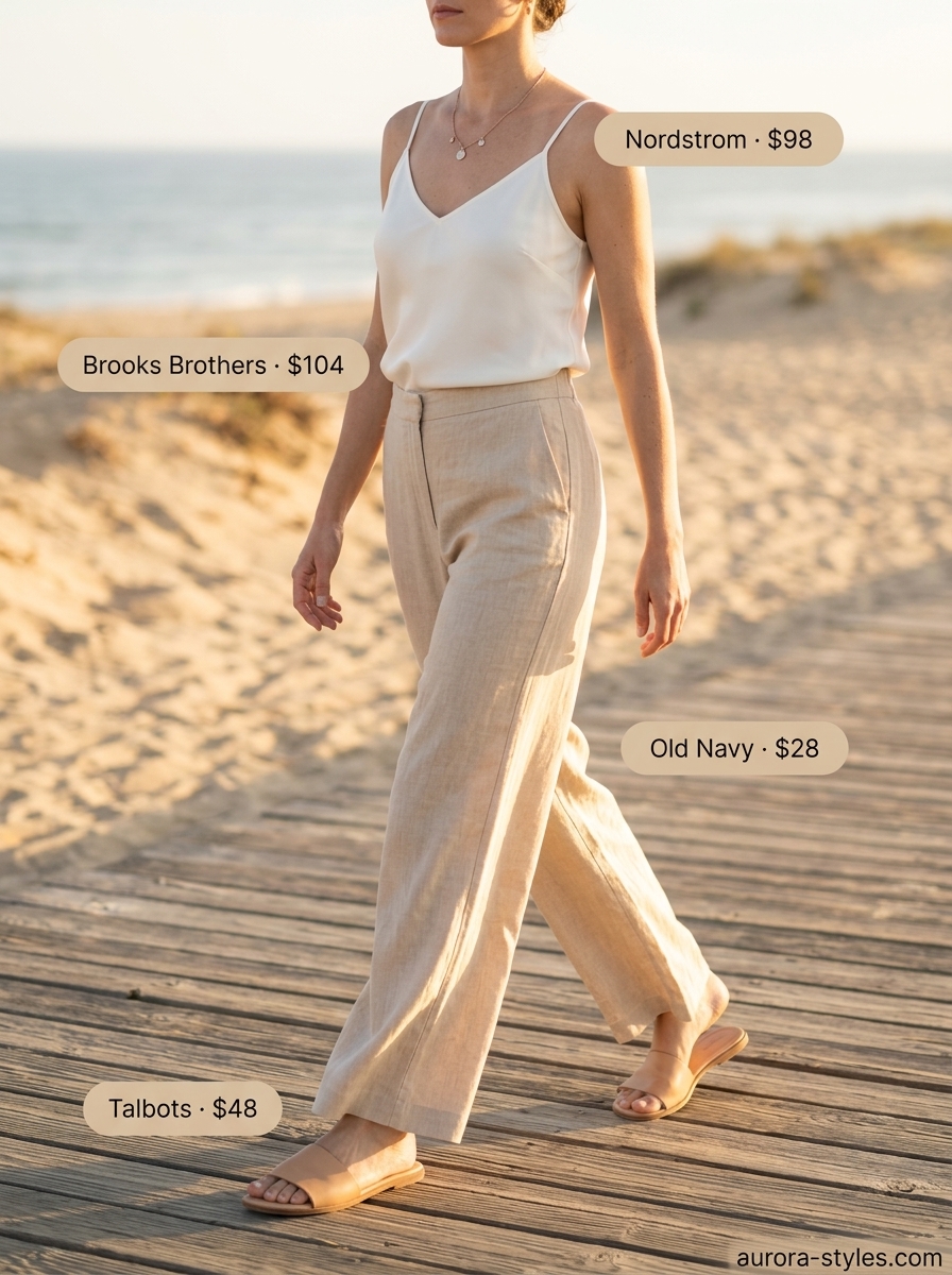 Classy summer outfits for women 2026: Ivory linen trousers, sky blue silk cami, and tan sandals for coastal elegance.