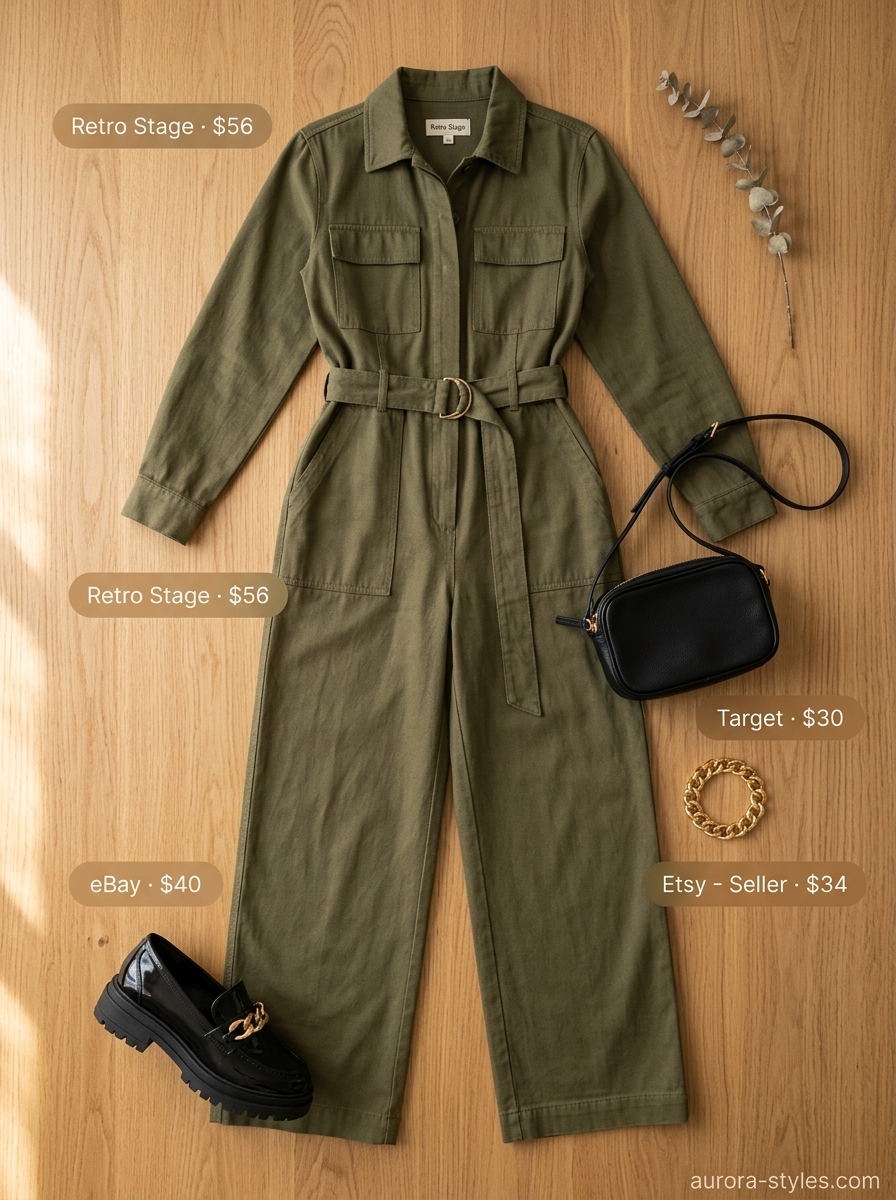 Classy summer outfits for women 2026: Khaki utility jumpsuit, black crossbody bag, and loafers for city exploration.