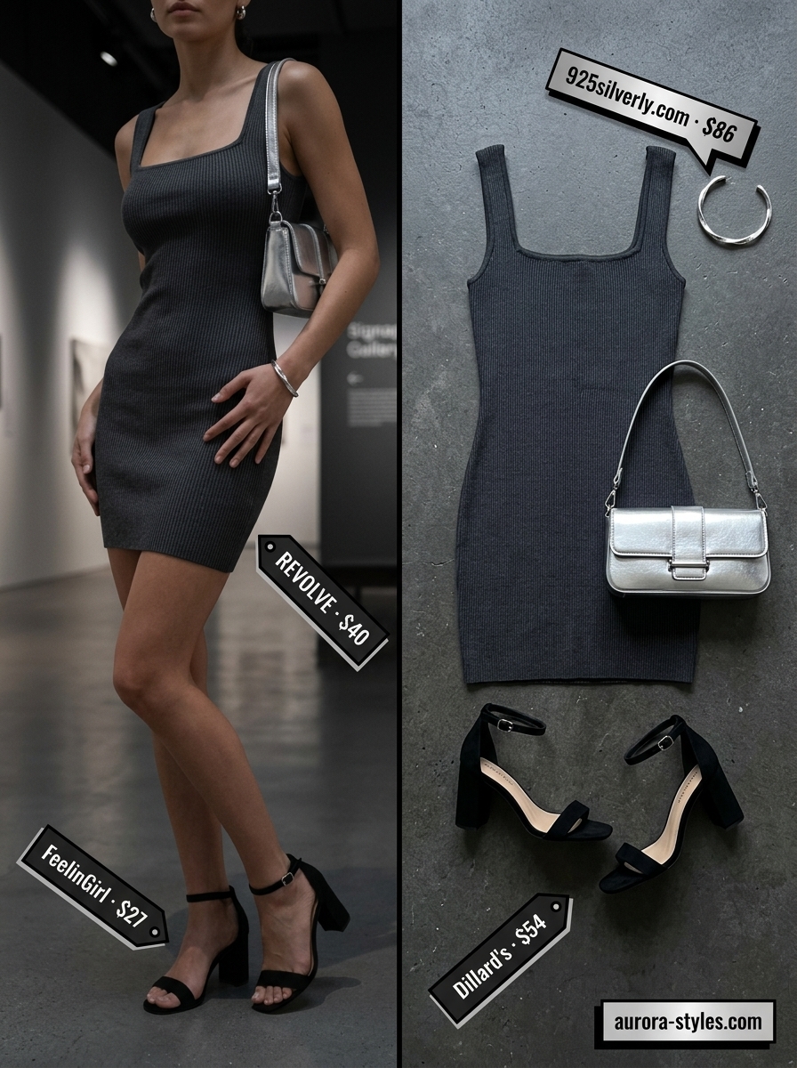 Classy summer outfits for women 2026: Charcoal grey dress, silver accessories for minimalist edge.